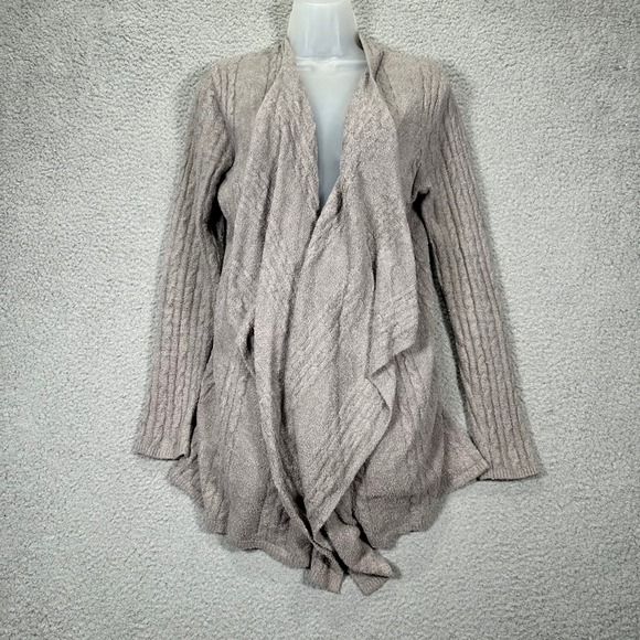 Barefoot Dreams Cardigan Sweater Women's L/XL Chic Lite Cable Knit Draped Taupe - Picture 13 of 16